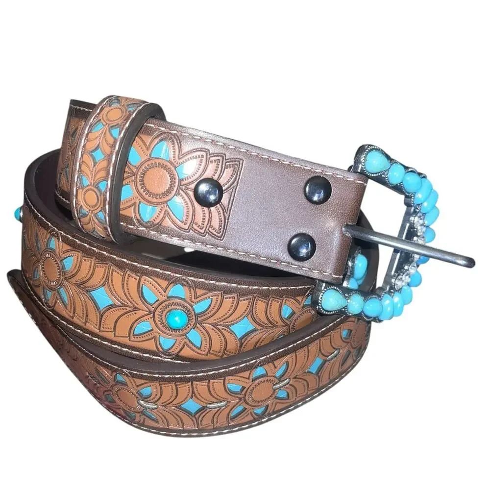 Topacc PU Leather Western Belt w/ Turquoise Floral Tooling Beaded Buckle